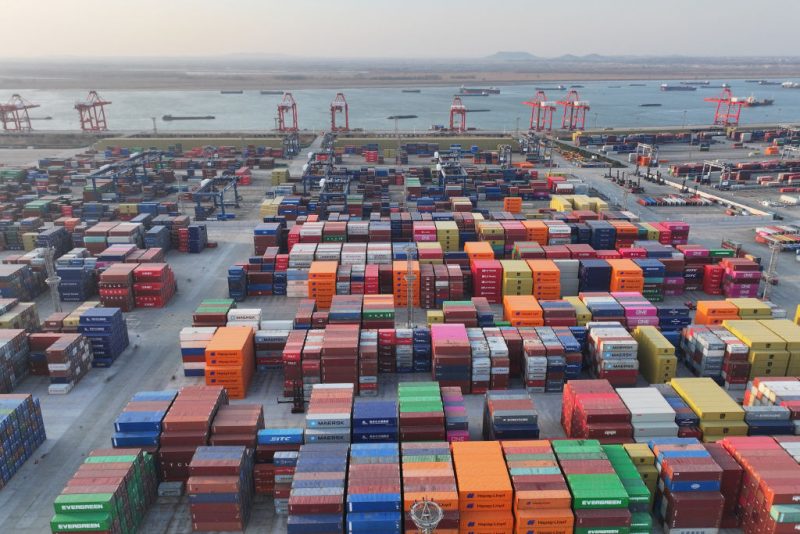 An aerial view shows containers at the port in Nanjing, in China's eastern Jiangsu province on February 4, 2025. China said on February 4 it would impose tariffs on imports of US energy, vehicles and equipment, firing a return salvo in an escalating trade war between the world's two biggest economies. (Photo by AFP) / China OUT (Photo by STR/AFP via Getty Images)