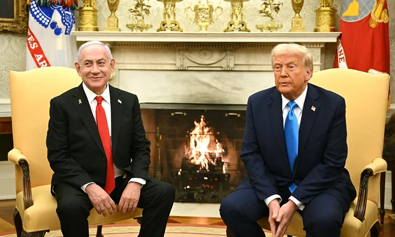 US President Donald Trump (R) meets with Israel's Prime Minister Benjamin Netanyahu in the Oval Office of the White House in Washington, DC, on February 4, 2025. (Photo by ANDREW CABALLERO-REYNOLDS / AFP) (Photo by ANDREW CABALLERO-REYNOLDS/AFP via Getty Images)