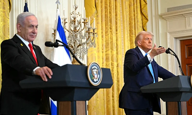 US President Donald Trump (R) and Israel's Prime Minister Benjamin Netanyahu take questions during a press conference in the East Room of the White House in Washington, DC, on February 4, 2025. (Photo by ANDREW CABALLERO-REYNOLDS / AFP) (Photo by ANDREW CABALLERO-REYNOLDS/AFP via Getty Images)