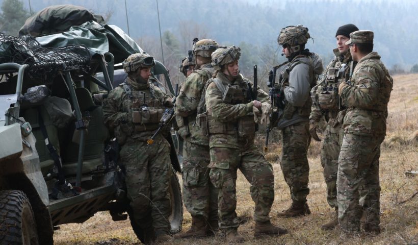 HOHENFELS, GERMANY - FEBRUARY 03: Soldiers of a LUAS (Lethal Unmanned Aircraft System) platoon of the U.S. Army 3rd Brigade, 10th Mountain Division, participate in the Combined Resolve 25-1 military exercises at the Hohenfels Training Area in Bavaria as a hybrid Next Generation Tactical Vehicle stands behind at left on February 3, 2025 near Hohenfels, Germany. The exercises are giving soldiers training and testing experience with different kinds of drones, tactics and new equipment. The ongoing war in Ukraine, where drones are more numerous and are having more effect than in any previous large-scale military conflict, has accelerated drone development, integration and deployment in the U.S. military. (Photo by Sean Gallup/Getty Images)