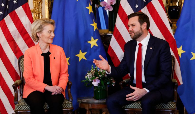 US Vice President JD Vance (R) exchanges remarks with President of the European Commission Ursula von der Leyen (L) during a bilateral meeting held at the Chief of Mission's residence at the US embassy in Paris on February 11, 2025. (Photo by Ian LANGSDON / AFP) (Photo by IAN LANGSDON/AFP via Getty Images)