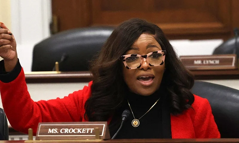 US Rep. Jasmine Crockett (D-TX) speaks during a "Oversight and Government Reform" hearing on Capitol Hill, in Washington, DC, on February 12, 2025. (Photo by Alex Wroblewski / AFP) (Photo by ALEX WROBLEWSKI/AFP via Getty Images)
