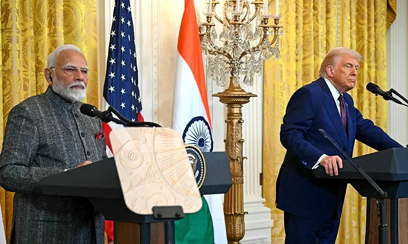 US President Donald Trump and Indian Prime Minister Narendra Modi hold a joint press conference in the East Room of the White House in Washington, DC, on February 13, 2025. (Photo by ANDREW CABALLERO-REYNOLDS / AFP) (Photo by ANDREW CABALLERO-REYNOLDS/AFP via Getty Images)