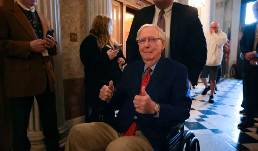 WASHINGTON, DC - FEBRUARY 12: U.S. Sen. Mitch McConnell (R-KY) gives a thumbs up while arriving to vote on Tulsi Gabbard as President Donald Trump’s Director of National Intelligence at the Senate Chambers on February 12, 2025 in Washington, DC. By a vote of 52-48, the Senate confirmed her nomination. McConnell was the only Republican to vote no. (Photo by Kayla Bartkowski/Getty Images)