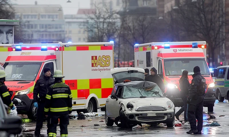MUNICH, GERMANY - FEBRUARY 13: Police and emergency services operate near a damaged car that apparently drove into demonstrators marching in the city center on February 13, 2025 in Munich, Germany. According to initial reports 20 people are injured. Police have detained the driver. The incident comes a day before the start of the Munich Security Conference, which draws scores of foreign government officials to the city. (Photo by Johannes Simon/Getty Images)