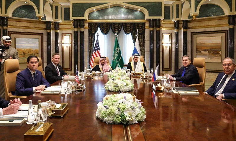 (L to R) US Middle East envoy Steve Witkoff, Secretary of State Marco Rubio, National Security Advisor Mike Waltz, Saudi Arabia's Foreign Minister Prince Faisal bin Farhan al-Saud, National Security Advisor Mosaad bin Mohammad al-Aiban, the Russian president's foreign policy advisor Yuri Ushakov, and Russia's Foreign Minister Sergei Lavrov attend a meeting together at Riyadh's Diriyah Palace on February 18, 2025. Top US and Russian diplomats were meeting in Saudi Arabia on Tuesday for talks on resetting their countries' fractured relations and making a tentative start on trying to end the Ukraine war. Both sides played down the chances that the first high-level meeting between the countries since US President Donald Trump took office would result in a breakthrough. (Photo by Evelyn Hockstein / POOL / AFP) (Photo by EVELYN HOCKSTEIN/POOL/AFP via Getty Images)