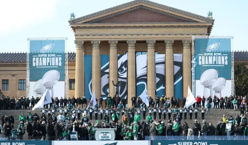 PHILADELPHIA, PENNSYLVANIA - FEBRUARY 14: Cooper DeJean #33 of the Philadelphia Eagles addresses the fans during the Philadelphia Eagles Super Bowl Championship Parade on February 14, 2025 in Philadelphia, Pennsylvania. (Photo by Emilee Chinn/Getty Images)