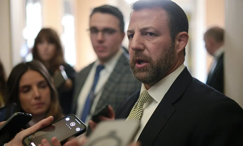 WASHINGTON, DC - FEBRUARY 18: U.S. Sen. Markwayne Mullin (R-OK) speaks to members of the press prior to a vote at the U.S. Capitol on February 18, 2025 in Washington, DC. The U.S. Senate has advanced President Donald Trump’s nominee Kash Patel to be the director of the FBI after a procedural vote. (Photo by Alex Wong/Getty Images)