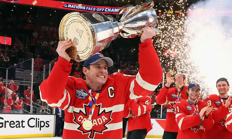 Sidney Crosby #87 of Team Canada celebrates with his teammates after defeating Team United States in overtime to win the NHL 4 Nations Face-Off Championship Game at TD Garden on February 20, 2025 in Boston, Massachusetts. (Photo by Bruce Bennett/Getty Images)