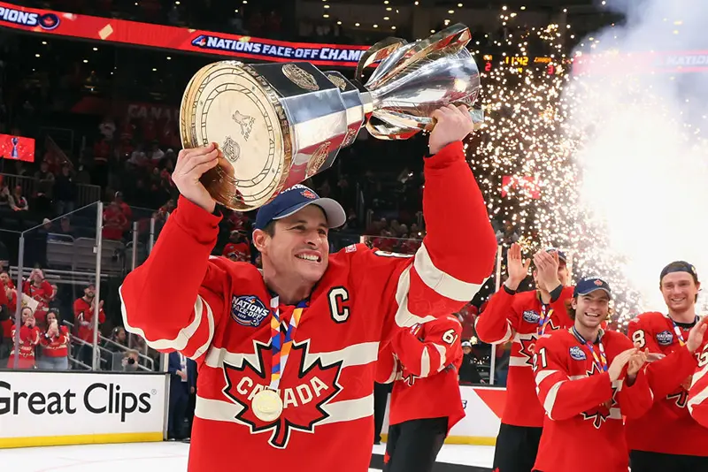 Sidney Crosby #87 of Team Canada celebrates with his teammates after defeating Team United States in overtime to win the NHL 4 Nations Face-Off Championship Game at TD Garden on February 20, 2025 in Boston, Massachusetts. (Photo by Bruce Bennett/Getty Images)
