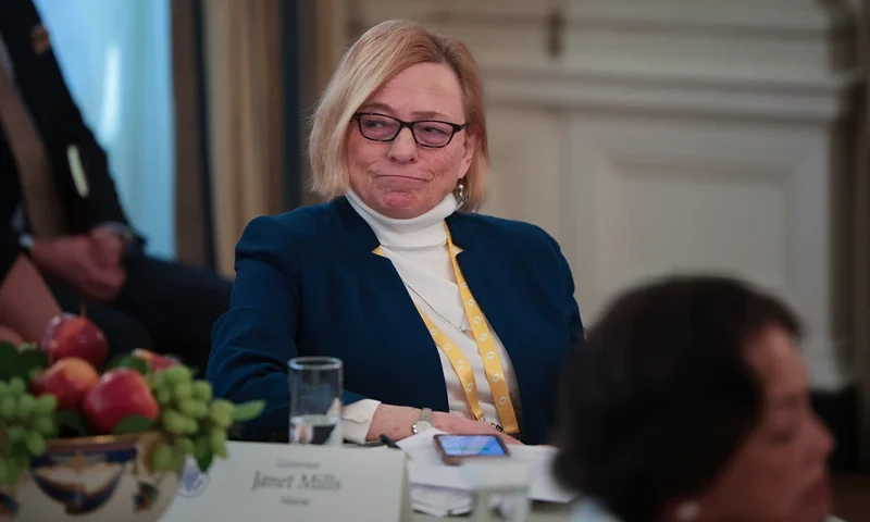 WASHINGTON, DC - FEBRUARY 21: Gov. Janet Mills (D-ME) reacts after challenging U.S. President Donald Trump over federal law on the issue of trans women in sports as Trump addressed a meeting of governors at the White House on February 21, 2025 in Washington, DC. President Trump is hosting a bipartisan group of Governors for a working session at the White House as part The National Governors Association winter meetings. (Photo by Win McNamee/Getty Images)