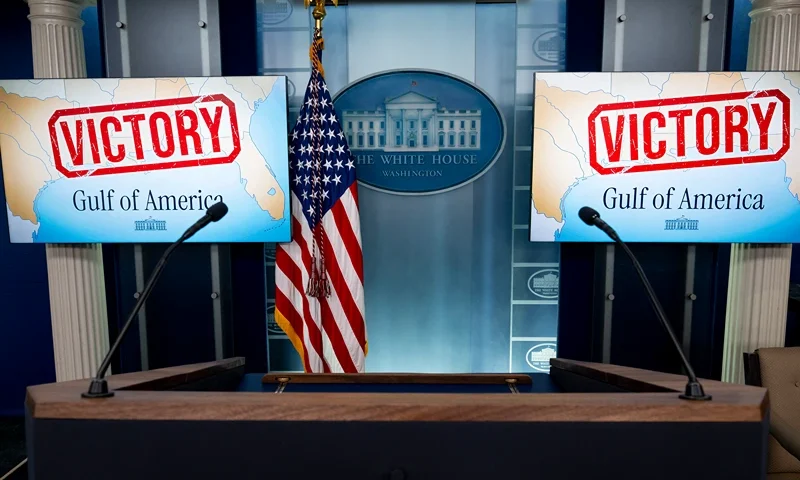 Screens display a "Victory" message in the Brady Briefing Room at the White House in Washington DC, on February 24, 2025. District Judge Trevor McFadden on February 24 declined to immediately order the White House to restore full access to President Donald Trump's events to the Associated Press news agency. McFadden denied the AP's emergency request but set a date next month for a more extensive hearing about the dispute. (Photo by ROBERTO SCHMIDT / AFP) (Photo by ROBERTO SCHMIDT/AFP via Getty Images)