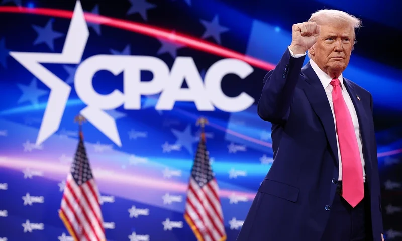 U.S. President Donald Trump reacts to the crowd after speaking at the Conservative Political Action Conference (CPAC) at the Gaylord National Resort Hotel and Convention Center on February 22, 2025 in Oxon Hill, Maryland. The annual four-day gathering brings together conservative U.S. lawmakers, international leaders, media personalities and businessmen to discuss and champion conservative ideas. (Photo by Win McNamee/Getty Images)
