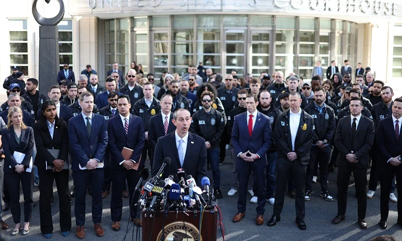 HSI New York special agent in charge Michael Alfonso, flanked by DEA officers, speaks to the press outside the US District court eastern district of New York City on February 28, 2025. The former leader of a brutal Mexican cartel, Rafael Caro Quintero, described by the White House as the world's "most evil" drug boss, pleaded not guilty to narcotics charges in New York Friday. (Photo by CHARLY TRIBALLEAU / AFP) (Photo by CHARLY TRIBALLEAU/AFP via Getty Images)