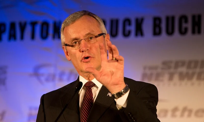 Jim Tressel speaks during the Sports Network's 27th Annual FCS Awards Presentation at the Sheraton Society Hill on December 16, 2013 in Philadelphia, Pennsylvania. (Photo by Mitchell Leff/Getty Images)