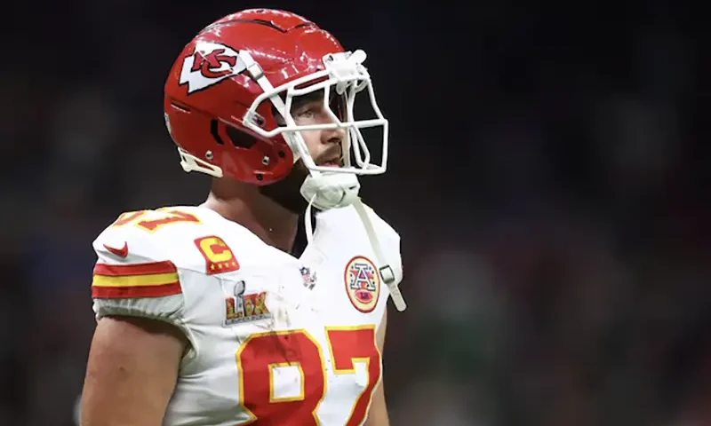 Kansas City Chiefs tight end Travis Kelce (87) reacts in the fourth quarter against the Philadelphia Eagles in Super Bowl LIX at Ceasars Superdome. Mandatory Credit: Mark J. Rebilas-Imagn Images/File Photo