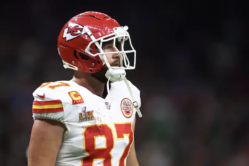 Kansas City Chiefs tight end Travis Kelce (87) reacts in the fourth quarter against the Philadelphia Eagles in Super Bowl LIX at Ceasars Superdome. Mandatory Credit: Mark J. Rebilas-Imagn Images/File Photo
