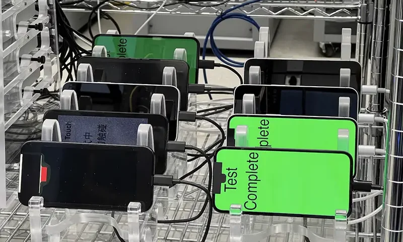 Multiple iPhone 16e phones with the new C1 cellular modem are stress tested at an Apple lab, where hundreds of devices go through thousands of hours of continuous, repetitive testing, in Sunnyvale, California, U.S., February 18, 2025. REUTERS/Stephen Nellis
