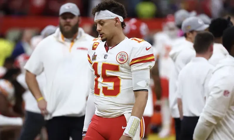 Kansas City Chiefs quarterback Patrick Mahomes (15) reacts in the fourth quarter against the Philadelphia Eagles in Super Bowl LIX at Ceasars Superdome. Mandatory Credit: Mark J. Rebilas-Imagn Images