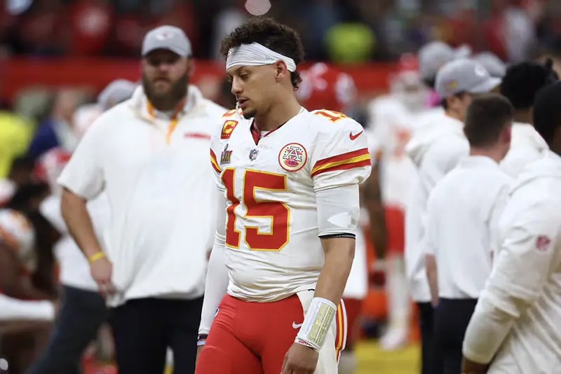 Kansas City Chiefs quarterback Patrick Mahomes (15) reacts in the fourth quarter against the Philadelphia Eagles in Super Bowl LIX at Ceasars Superdome. Mandatory Credit: Mark J. Rebilas-Imagn Images