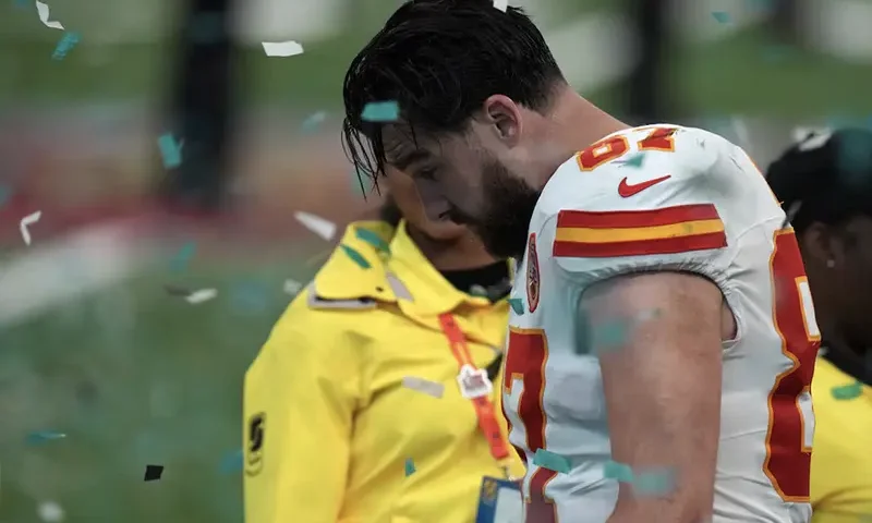 Kansas City Chiefs tight end Travis Kelce (87) reacts after the losing to the Philadelphia Eagles in Super Bowl LIX at Caesars Superdome. Mandatory Credit: Kirby Lee-Imagn Images