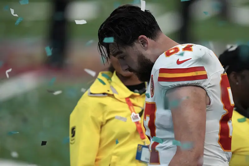 Kansas City Chiefs tight end Travis Kelce (87) reacts after the losing to the Philadelphia Eagles in Super Bowl LIX at Caesars Superdome. Mandatory Credit: Kirby Lee-Imagn Images