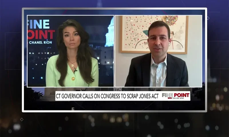 Video still from Fine Point on One America News Network showing a split screen of the host on the left side, and on the right side is the guest, Colin Grabow.