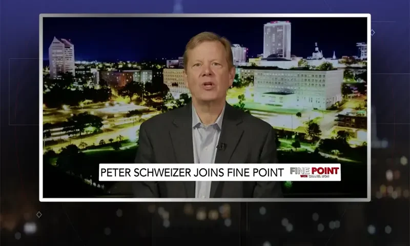 Video still from Fine Point on One America News Network during an interview with the guest, Peter Schweizer.