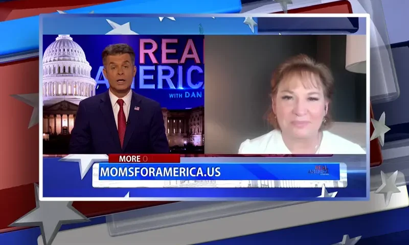 Video still from Real America on One America News Network showing a split screen of the host on the left side, and on the right side is the guest, Kimberly Fletcher.