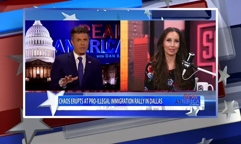 Video still from Real America on One America News Network showing a split screen of the host on the left side, and on the right side is the guest, Sara Gonzales.