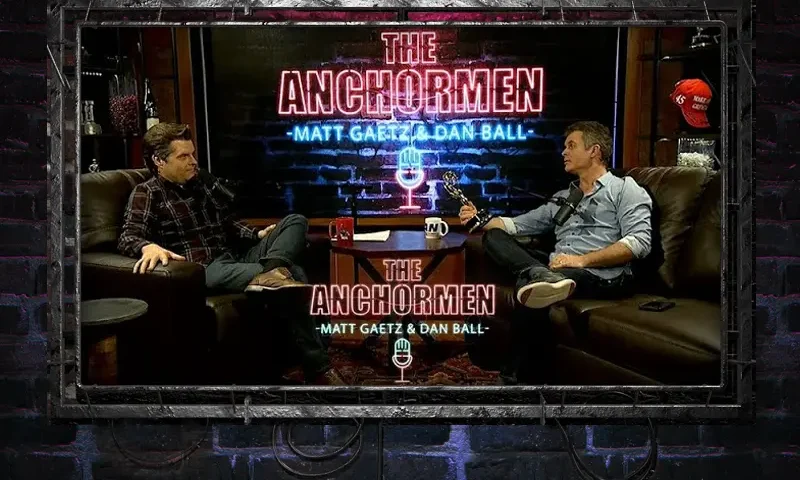Video still from The Anchormen on One America News Network showing a split screen with Matt Gaetz on the left side, and on the right side is Dan Ball .