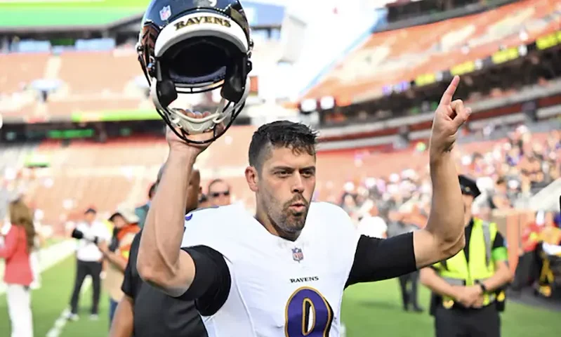 Baltimore Ravens place kicker Justin Tucker (9) walks off the field after a win over the Cleveland Browns at Cleveland Browns Stadium. Mandatory Credit: David Richard-USA TODAY Sports/File Photo