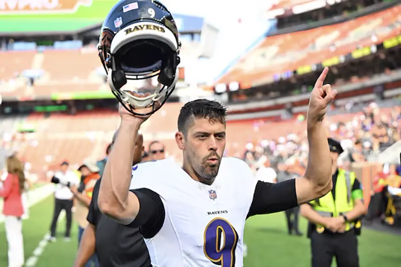 Baltimore Ravens place kicker Justin Tucker (9) walks off the field after a win over the Cleveland Browns at Cleveland Browns Stadium. Mandatory Credit: David Richard-USA TODAY Sports/File Photo