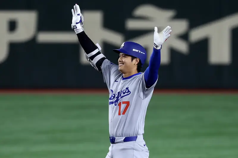 Los Angeles Dodgers' Shohei Ohtani reacts after reaching second base REUTERS/Kim Kyung-Hoon