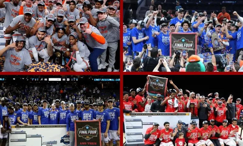 Top Left| The Auburn Tigers lift the trophy after defeating the Michigan State Spartans in the South Regional Elite Eight round of the NCAA Men's Basketball Tournament at State Farm Arena on March 30, 2025 in Atlanta, Georgia. (Photo by Kevin C. Cox/Getty Images) Top Right| The Florida Gators celebrate after defeating the Texas Tech Red Raiders 84-79 in the West Regional Elite Eight round of the NCAA Men's Basketball Tournament at Chase Center on March 29, 2025 in San Francisco, California. (Photo by Thearon W. Henderson/Getty Images) Bottom Left: The Duke Blue Devils celebrate defeating the Alabama Crimson Tide in the East Regional Elite Eight round of the NCAA Men's Basketball Tournament at Prudential Center on March 29, 2025 in Newark, New Jersey. (Photo by Patrick Smith/Getty Images) Bottom Right| Houston Cougars players and staff pose with the trophy after defeating the Tennessee Volunteers 69-50 in the Midwest Regional Elite Eight round of the NCAA Men's Basketball Tournament at Lucas Oil Stadium on March 30, 2025 in Indianapolis, Indiana. (Photo by Gregory Shamus/Getty Images)