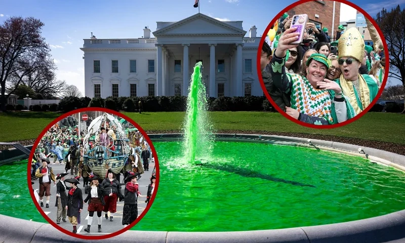(L) Performers take part in the annual St Patrick's Day parade in Dublin on March 17, 2025. (Photo by PAUL FAITH / AFP) (Photo by PAUL FAITH/AFP via Getty Images) / (C)The fountain on the North Lawn of the White House is dyed green for St. Patrick's Day in Washington, DC, on March 17, 2025. (Photo by Jim WATSON / AFP) (Photo by JIM WATSON/AFP via Getty Images) / (R) People watch the the annual St Patrick's Day parade in Dublin on March 17, 2025. (Photo by PAUL FAITH / AFP) (Photo by PAUL FAITH/AFP via Getty Images)
