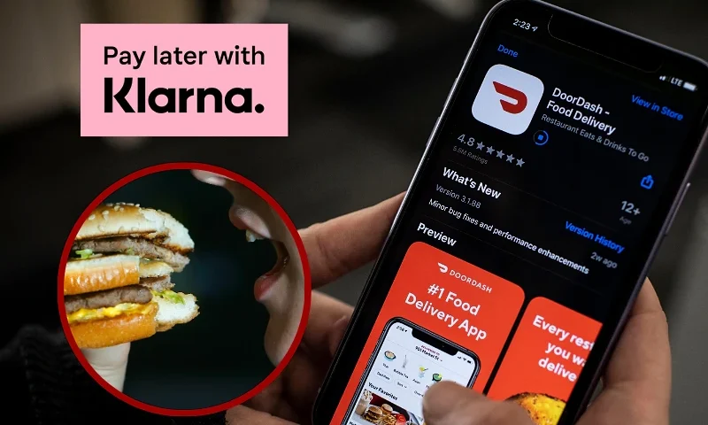 (L-Top) Klarna logo. / (L-Bottom) LONDON - JULY 12: In this photo illustration a lady eats a beefburger on July 12, 2007 in London, England. Government advisors are considering plans for a fat tax on foods high in fat to try to help tackle the fight against obesity. (Photo illustration by Cate Gillon/Getty Images) / (R)An AFP journalist checks the DoorDash food delivery application on her smartphone on February 27, 2020 in Washington, DC. DoorDash on February 27, 2020 began the process of going public with a US stock offering that could value the popular restaurant meal delivery service at more than $10 billion. San Francisco-based DoorDash said it confidentially registered with market regulators at the Securities and Exchange Commission for an initial public offering of shares. The price and number of shares had yet to be determined. DoorDash backers including Japanese financial titan Softbank have pumped more than $2 billion into the startup, which last year was given a valuation of nearly $13 billion. (Photo by Eric BARADAT / AFP) (Photo by ERIC BARADAT/AFP via Getty Images)