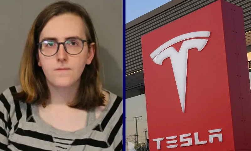 (L) Evan "Erin" L. White, 27. (Photo via: Buffalo Grove Police Department) / (R) ERFURT, GERMANY - AUGUST 31: A Tesla electric car dealership stands on August 31, 2024 in Erfurt, Germany. Tesla, which operates a Gigafactory near Berlin, has seen competition in the electric car market in Europe intensify. Rival BMW outsold Tesla in electric cars in Europe in July. (Photo by Sean Gallup/Getty Images)