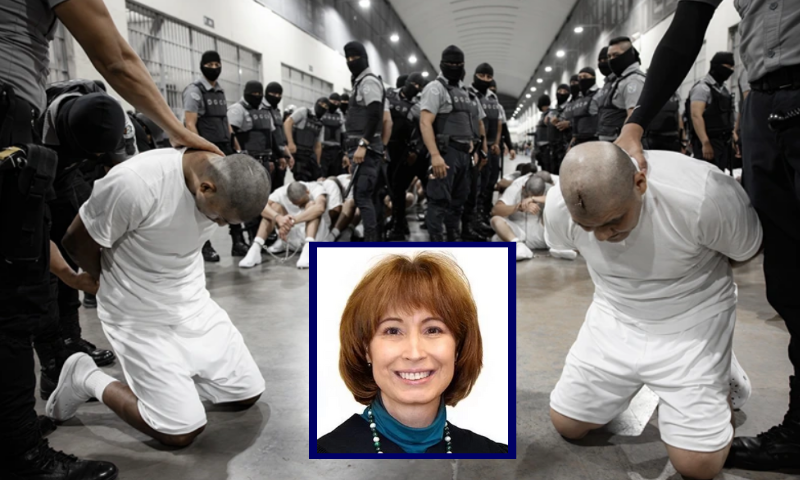 (L-R) In this handout photo provided by the Salvadoran government, inmates allegedly linked to criminal organizations knee on the ground at CECOT on March 16, 2025 in Tecoluca, El Salvador. (Salvadoran Government via Getty Images) / (Center) Circuit Judge Patricia Millett (Photo via: American Law Institute)