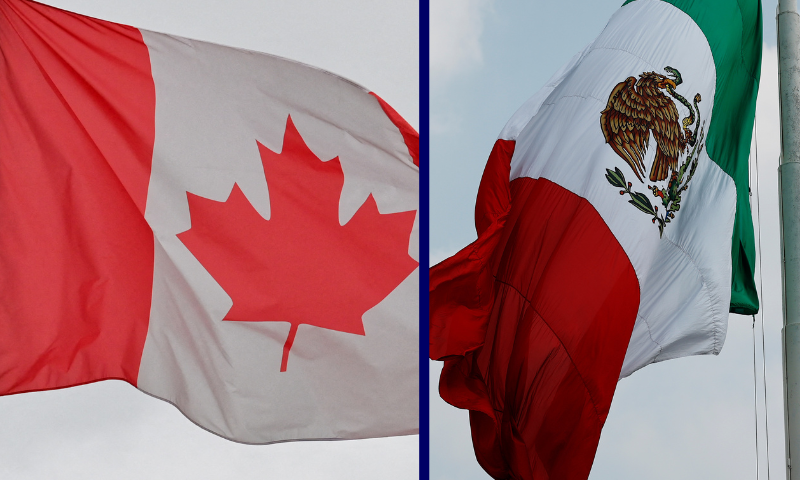 (L) A Canadian flag flutters in the wind (Photo by MATTHIEU DELATY/Hans Lucas/AFP via Getty Images) / (R) A Mexico flag flies in the Paddock. (Photo by Chris Graythen/Getty Images)