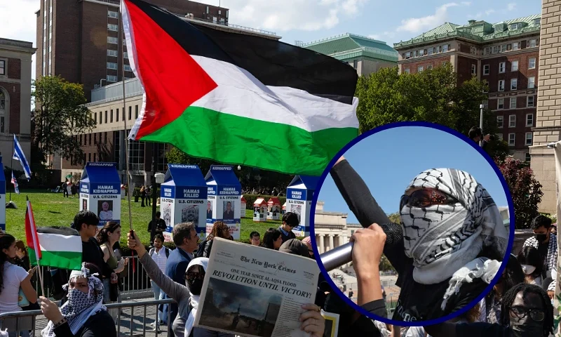 (L) NEW YORK, NEW YORK - OCTOBER 7: Columbia students organize dueling memorials and rallies both for Israel and Palestine on the one-year anniversary of the October 7th Hamas attack, on October 7, 2024 in New York City. Columbia University garnered international news when student activists set up Palestine solidarity encampments on campus. (Photo by Alex Kent/Getty Images) / (R) Pro-Palestinian demonstrators march through the Columbia University campus to mark one year of the war between Hamas and Israel in New York City on October 7, 2024. (Photo by kena betancur / AFP) (Photo by KENA BETANCUR/AFP via Getty Images)