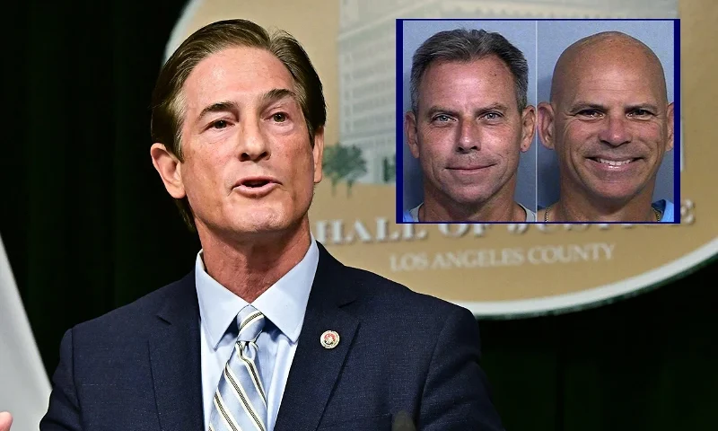 (L) Los Angeles County District Attorney Nathan Hochman speaks during a news conference about the case of Erik and Lyle Menendez, in Los Angeles, California on March 10, 2025. The brothers were jailed for life after a blockbuster legal drama in the 1990s detailing the gruesome 1989 slayings of Jose and Kitty Menendez at the family's luxury Beverly Hills mansion. (Photo by FREDERIC J. BROWN/AFP via Getty Images) / (R) In these booking photos taken Oct. 10, 2024, Erik and Lyle Menendez are shown. (Photo via: CRDC)