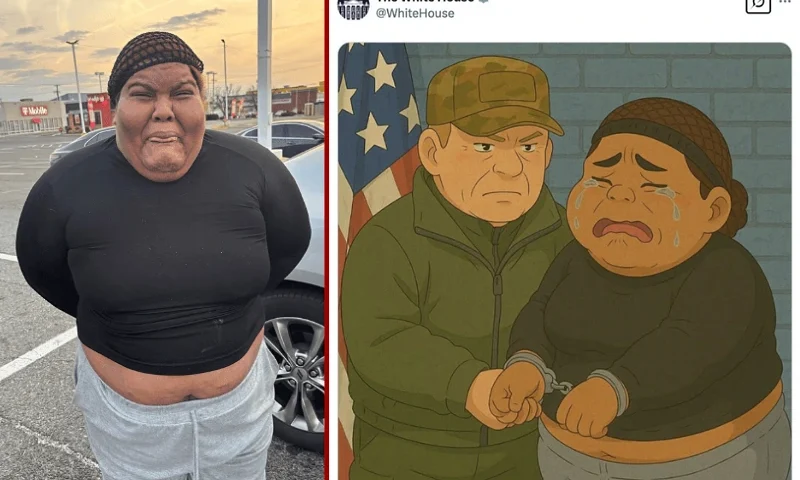 (L) ICE agents arrest a sobbing fentanyl dealer, Virginia Basora-Gonzalez, earlier this month in Philadelphia after she illegally re-entered the country. (Photo via: ICE) / (R) AI art depiction of Virginia Basora-Gonzalez. (Photo via: The White House - social media account)