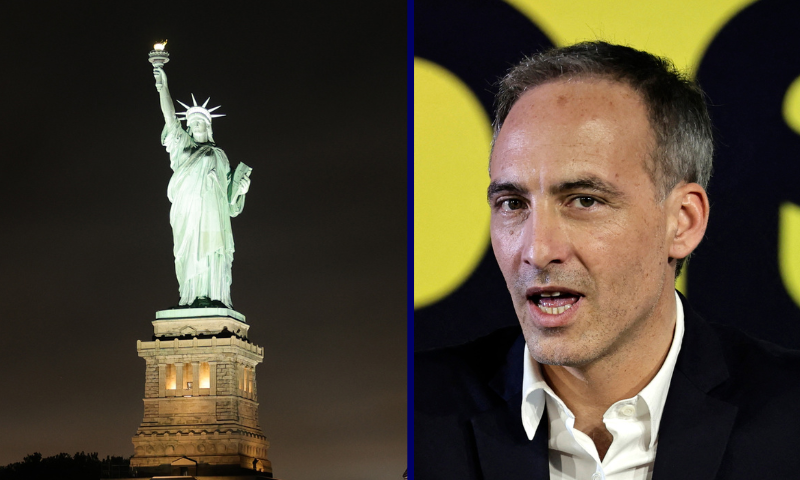 (L) NEW YORK, NEW YORK - AUGUST 17: The Statue of Liberty is lit up at night on Liberty Island in New York Harbor on August 17, 2023 in New York City. (Photo by Michael Loccisano/Getty Images) / (R) French MEP and co-president of the "Place Publique" political party Raphael Glucksmann delivers a speech during Place Publique's congress in Paris on March 16, 2025. (Photo by STEPHANE DE SAKUTIN / AFP) (Photo by STEPHANE DE SAKUTIN/AFP via Getty Images)