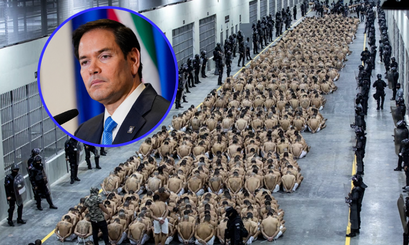 (L) US Secretary of State Marco Rubio speaks during a press conference with Suriname's President Chan Santokh (C), in Paramaribo, Suriname, on March 27, 2025. (Photo by Nathan Howard / POOL / AFP) (Photo by NATHAN HOWARD/POOL/AFP via Getty Images) / (R) A second group of 2,000 detainees are moved to the mega-prison Terrorist Confinement Centre (CECOT)on March 15, 2023 in Tecoluca, El Salvador. (Handout/Presidencia El Salvador via Getty Images )