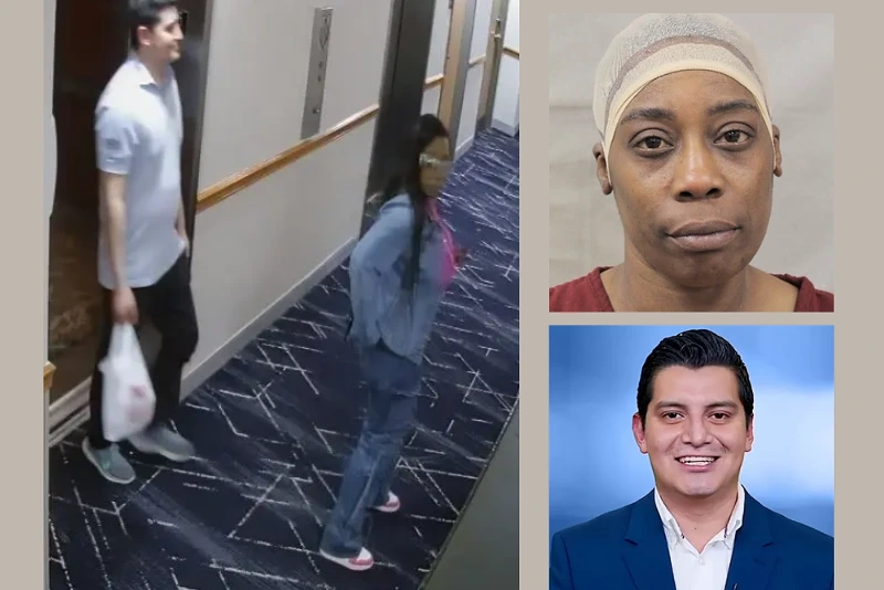 (L) Security footage shows one of the last times that the reporter is seen alive with the woman. (Photo via: Kenner Police department) / (R-Top) Danette Colbert. (Photo via: Kenner Police department) / (R-Bottom) Reporter Adan Manzano. (Photo: Adan Manzano/TelemundoKC/Instagram)