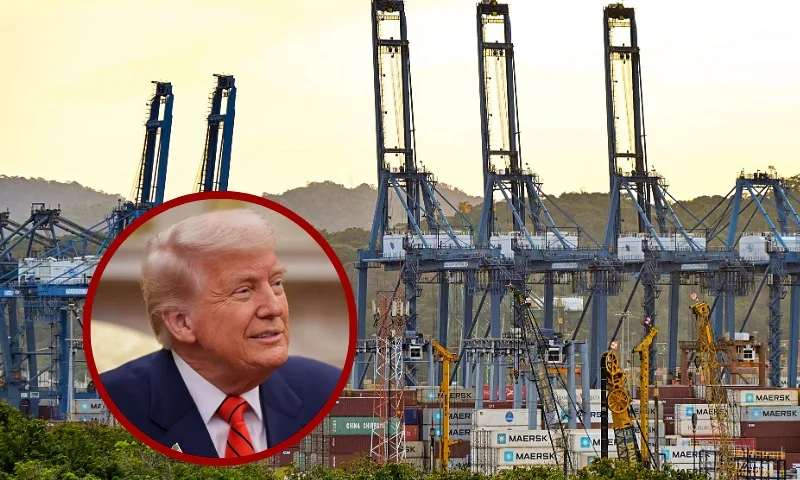 (L) U.S. President Donald Trump appears during a meeting with NATO Secretary General Mark Rutte. (Photo by Andrew Harnik/Getty Images) / (R) View of the Port of Balboa, managed by CK Hutchison Holdings, located at the entrance to the Panama Canal in Panama City, on March 12, 2025. (Photo by MARTIN BERNETTI/AFP via Getty Images)