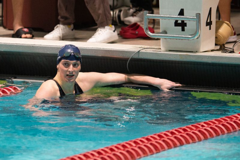 CAMBRIDGE, MA - FEBRUARY 18: University of Pennsylvania swimmer Lia Thomas looks on after winning the 200 yard freestyle during the 2022 Ivy League Women's Swimming and Diving Championships at Blodgett Pool on February 18, 2022 in Cambridge, Massachusetts. (Photo by Kathryn Riley/Getty Images)