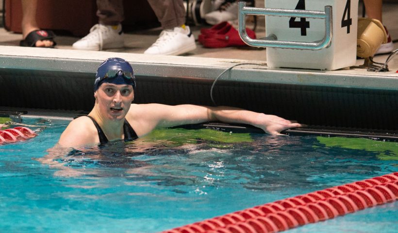 CAMBRIDGE, MA - FEBRUARY 18: University of Pennsylvania swimmer Lia Thomas looks on after winning the 200 yard freestyle during the 2022 Ivy League Women's Swimming and Diving Championships at Blodgett Pool on February 18, 2022 in Cambridge, Massachusetts. (Photo by Kathryn Riley/Getty Images)