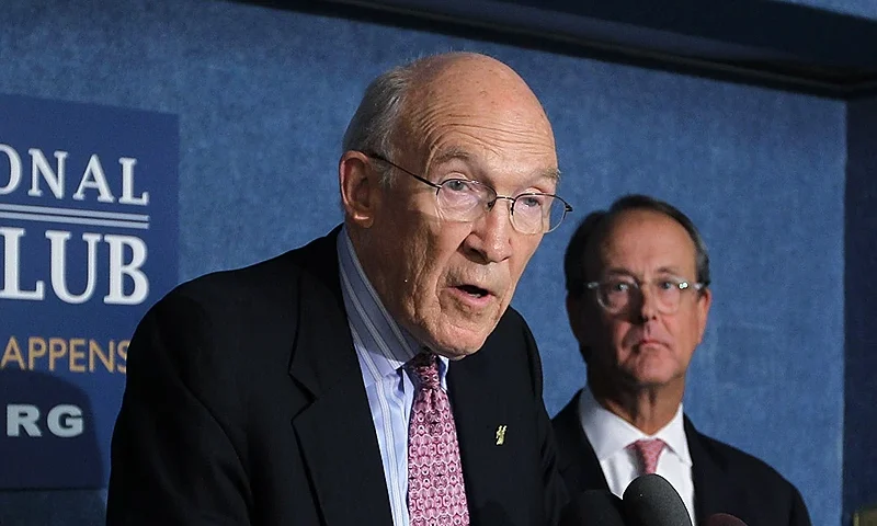 WASHINGTON, DC - SEPTEMBER 12: Former Sen. Alan Simpson (R-WY) (L) and former White House Chief of Staff under the Clinton Administration Erskine Bowles (R), both co-chairs of the National Commission on Fiscal Responsibility and Reform, speak to the media during a news conference at the National Press Club September 12, 2011 in Washington, DC. Simpson and Bowles call on the Joint Select Committee on Deficit Reduction, also known as the Super Committee, to"go big and develop a large-scale debt reduction package sufficient to stabilize the debt as a share of the economy" as the committee work to reach a deficit reduction agreement. (Photo by Alex Wong/Getty Images)